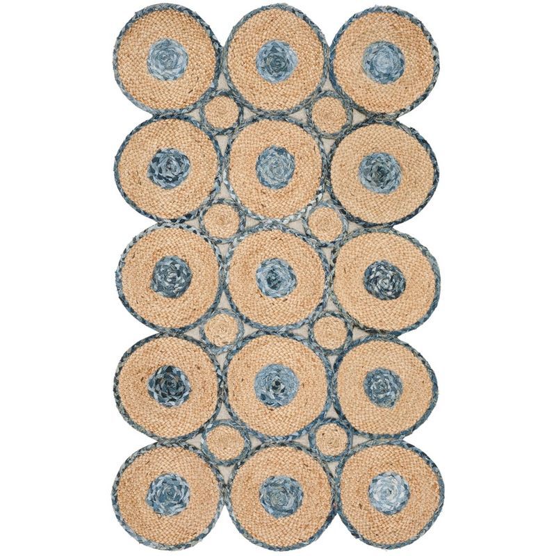 Blue and Natural Geometric Circles 4' x 6' Wool Rug