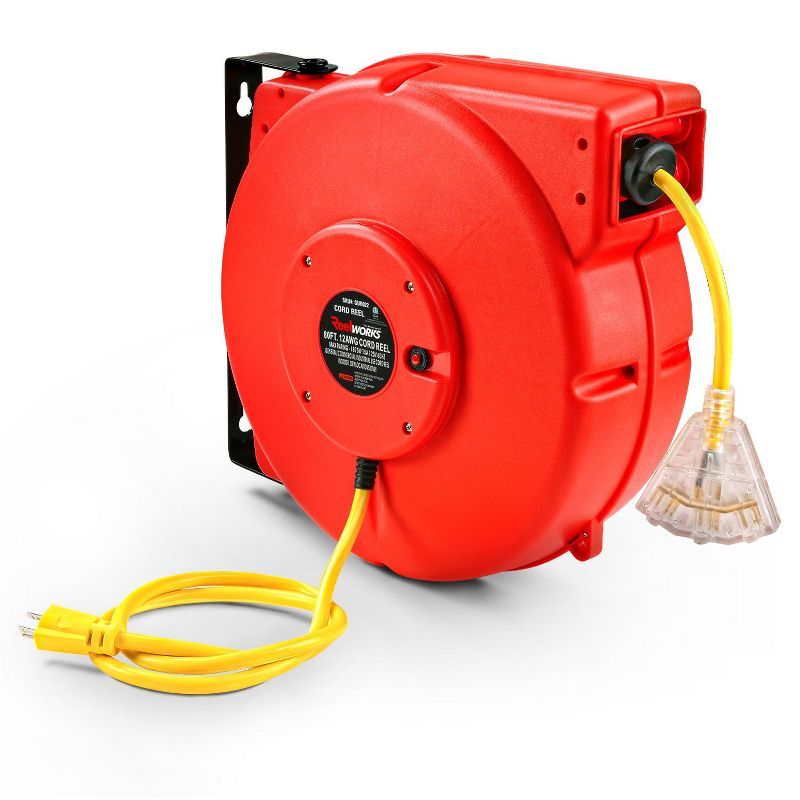 ReelWorks 80' Red Retractable Extension Cord Reel with Triple Tap