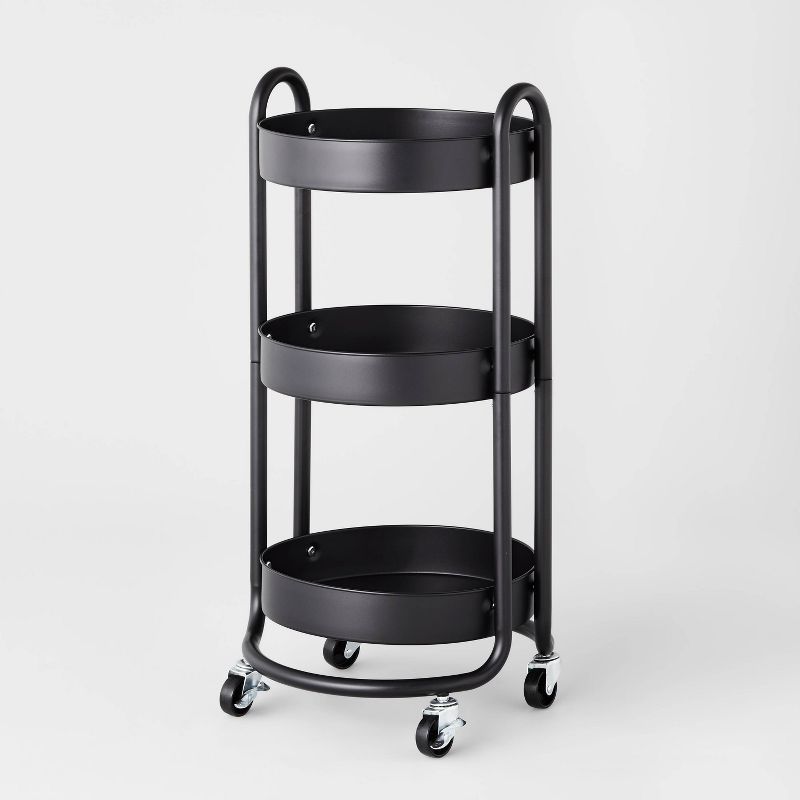 Black Three-Tier Round Metal Utility Cart with Locking Wheels