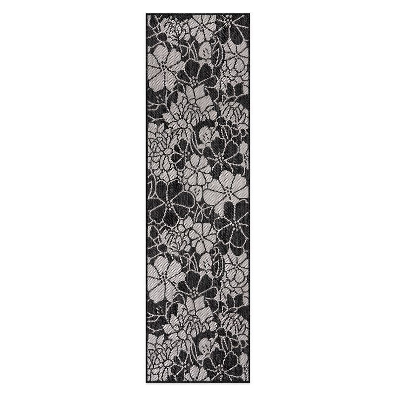 Black and White Floral Flat Woven Synthetic Runner Rug