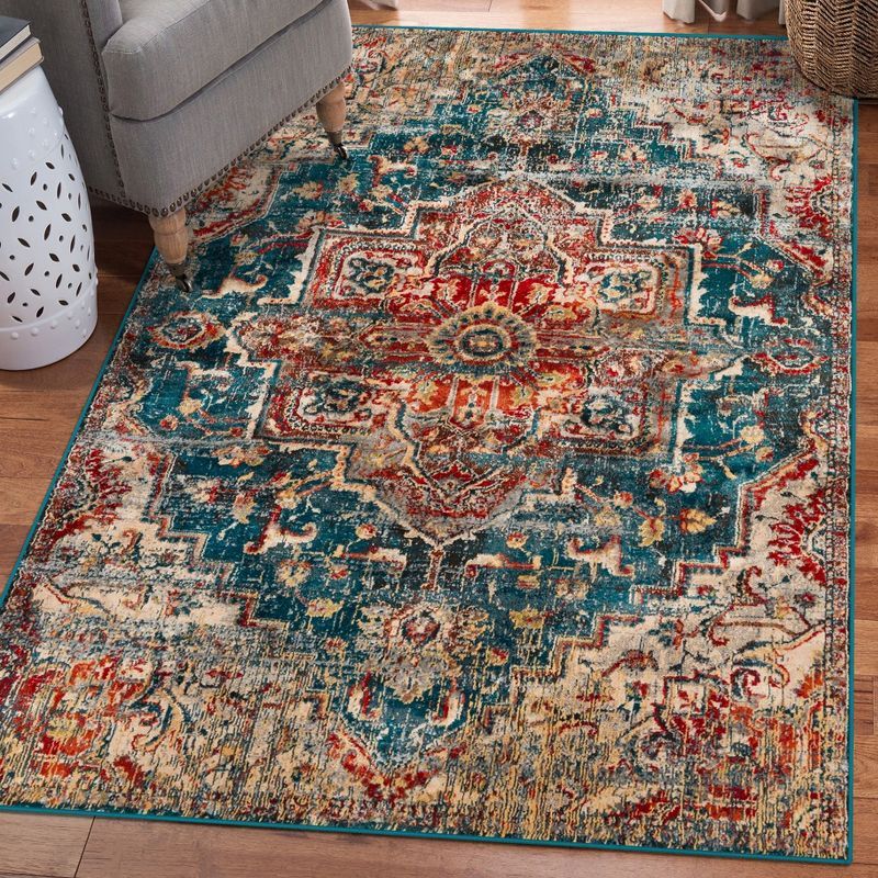 Elegant Blue Synthetic 5' x 7' Oriental Easy-Care Rug