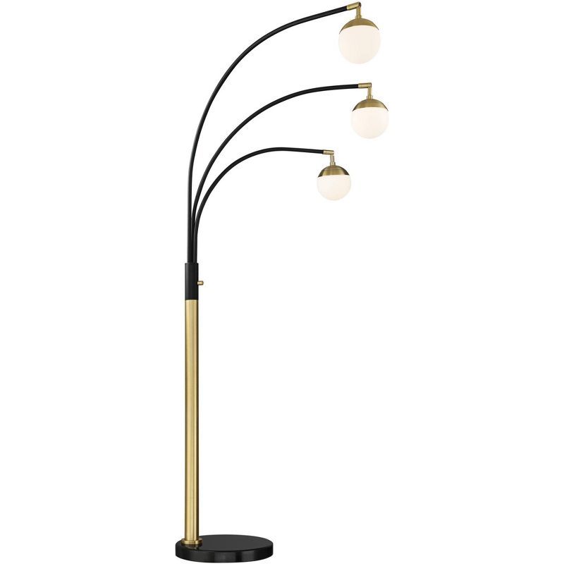 Rayne Black and Gold Adjustable Arc Floor Lamp with Frosted Glass Shades