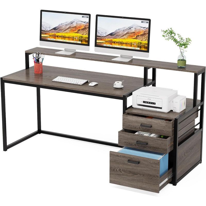 Gray 63" Ergonomic Computer Desk with File Drawer and Monitor Stand