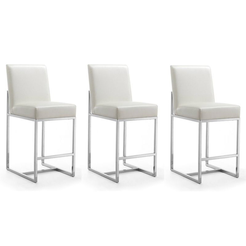 Pearl White Faux Leather Counter Stools with Chrome Base, Set of 3