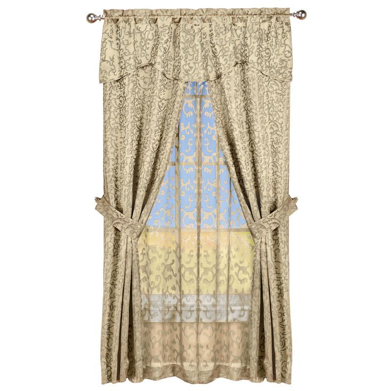 Taupe Insulated Scrolling Design Sheer Curtain Set with Tie Backs