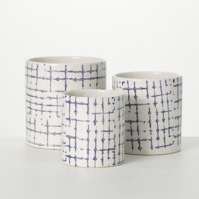 Sand White and Indigo Ceramic Hatch Patterned Pot Set of 3