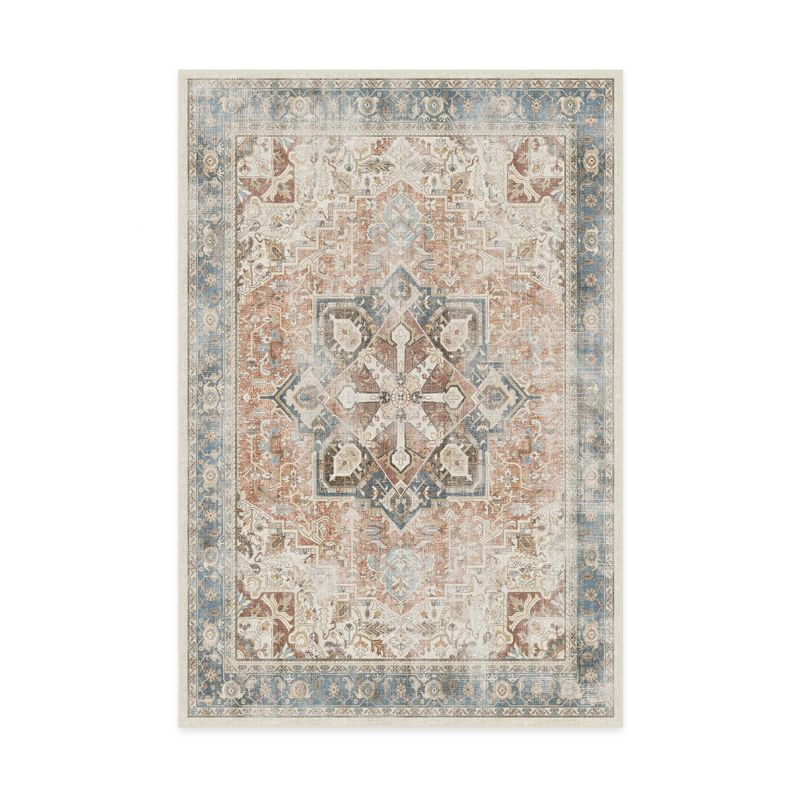 Kamran Blue and Coral Washable Synthetic 6' x 9' Area Rug