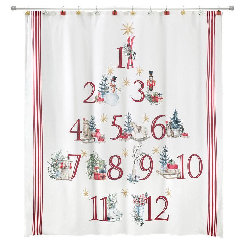 Holiday Countdown Polyester Shower Curtain with Red Stripes