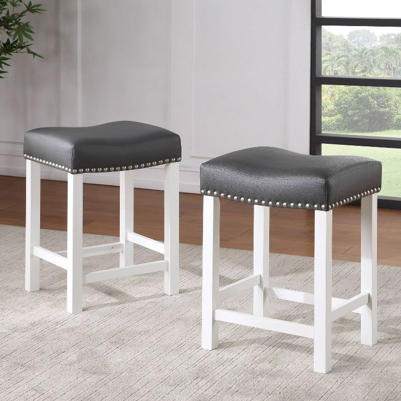 Set of 2 Black Leatherette Backless Counter Stools with White Wood Frame