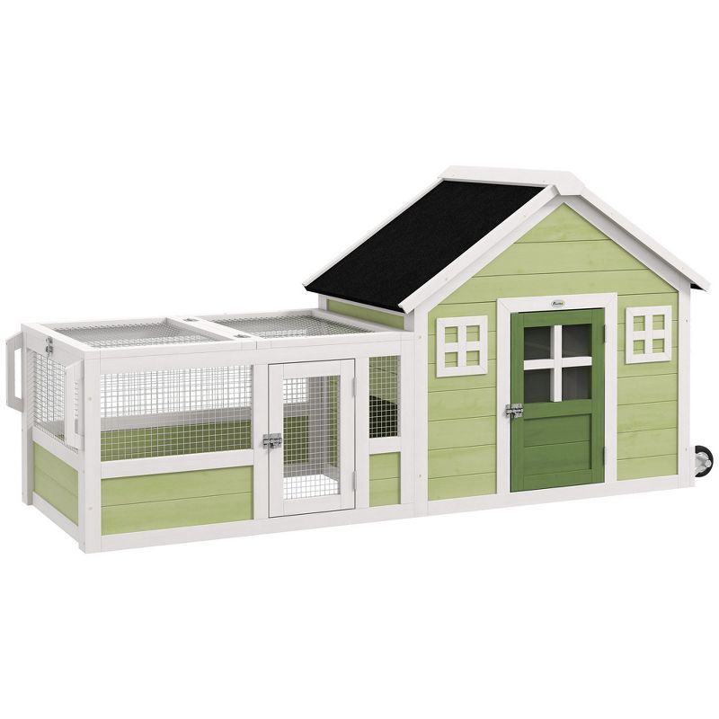 Green and White Wooden Outdoor Rabbit Hutch with Asphalt Roof