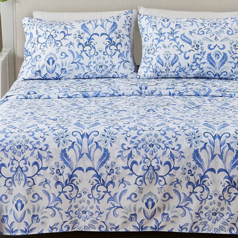 Full Blue Watercolor Floral Microfiber Sheet Set