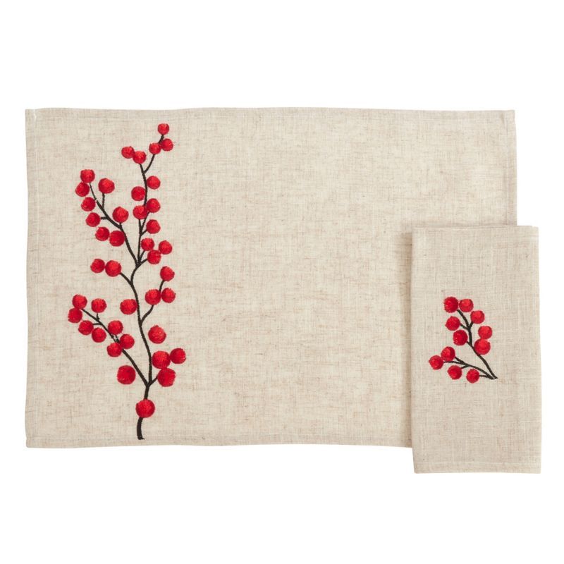 Red Berry Embroidered Holiday Placemat and Napkin Set