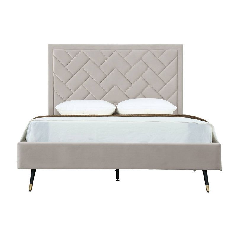 Queen Cream Velvet Upholstered Bed with Chevron Headboard