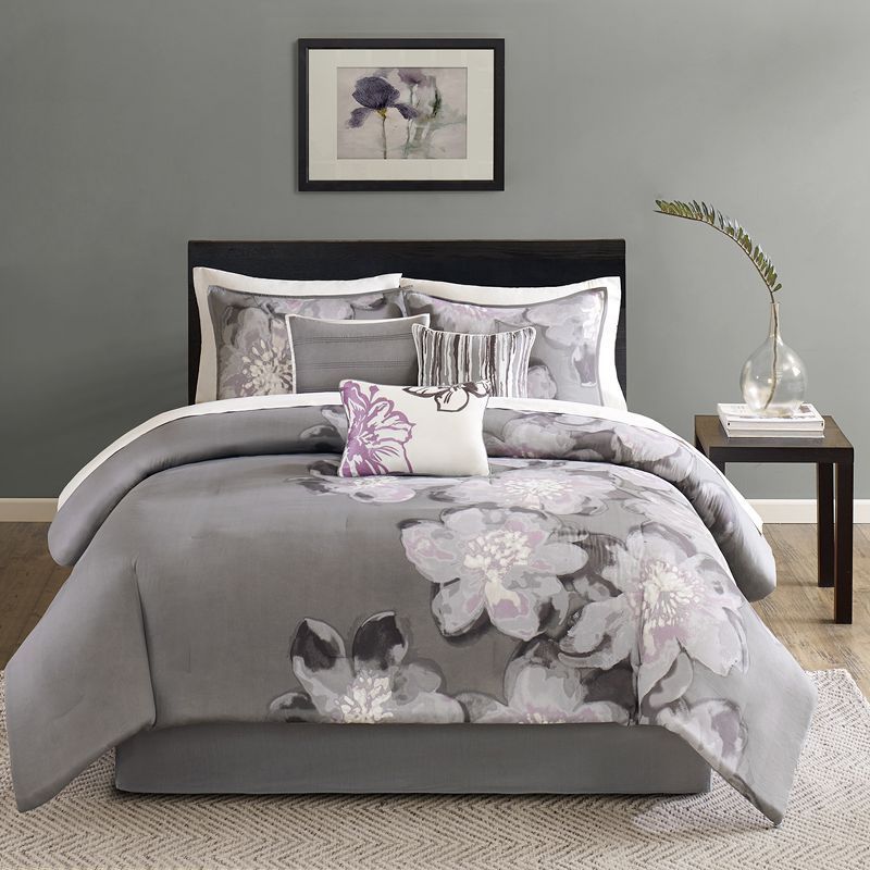 California King Gray Cotton 7-Piece Floral Bedspread Set