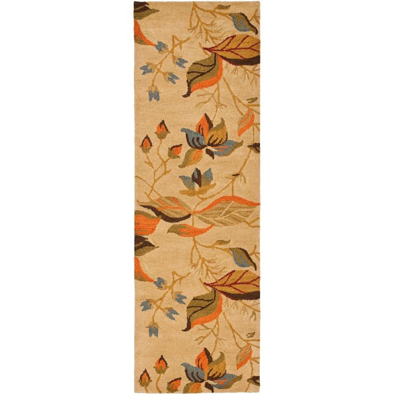 Beige and Multicolor Floral Handmade Wool Runner Rug