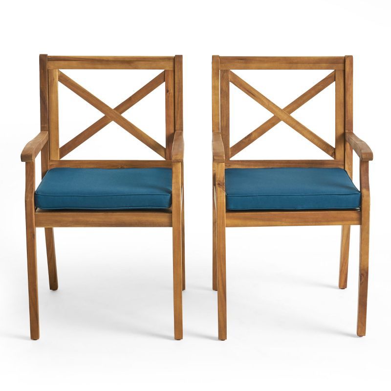 Scandinavian Teak Brown Wood Dining Chair with Blue Cushions, Set of 2