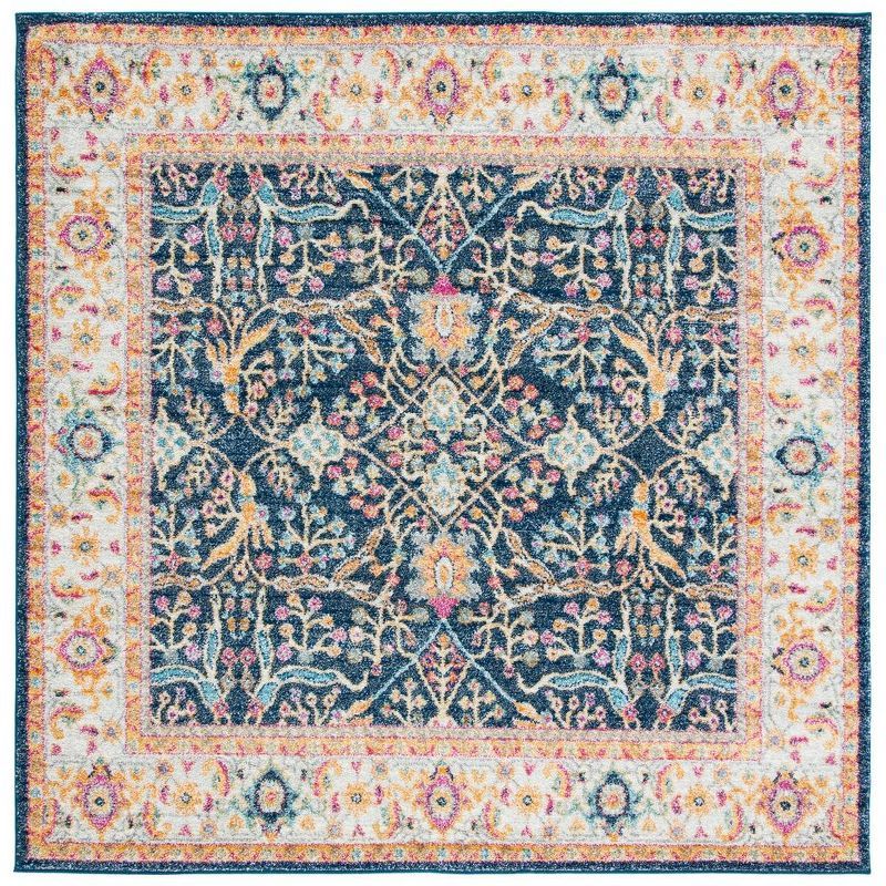 Navy and Creme Floral Motif Low Pile Area Rug