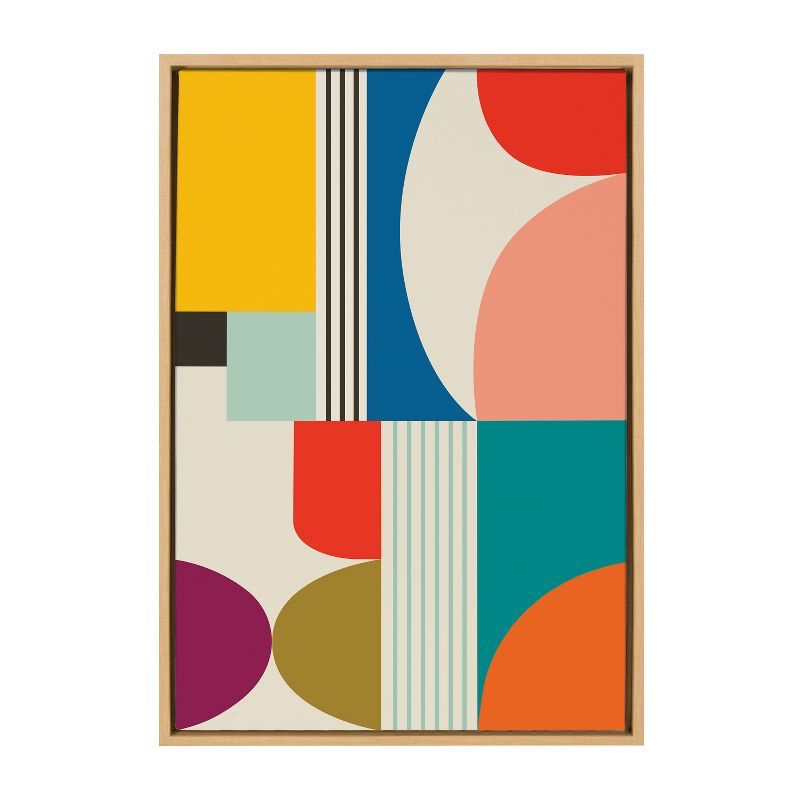 Mid Century Modern Multicolor Abstract Canvas Art with Natural Frame