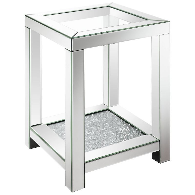 Silver Mirrored Square End Table with Glass Top and Crystal Accents