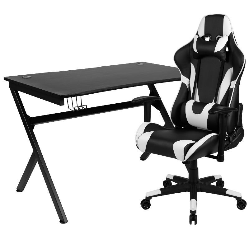 Black Carbon Fiber Gaming Desk and Reclining Chair Set with Cup Holder