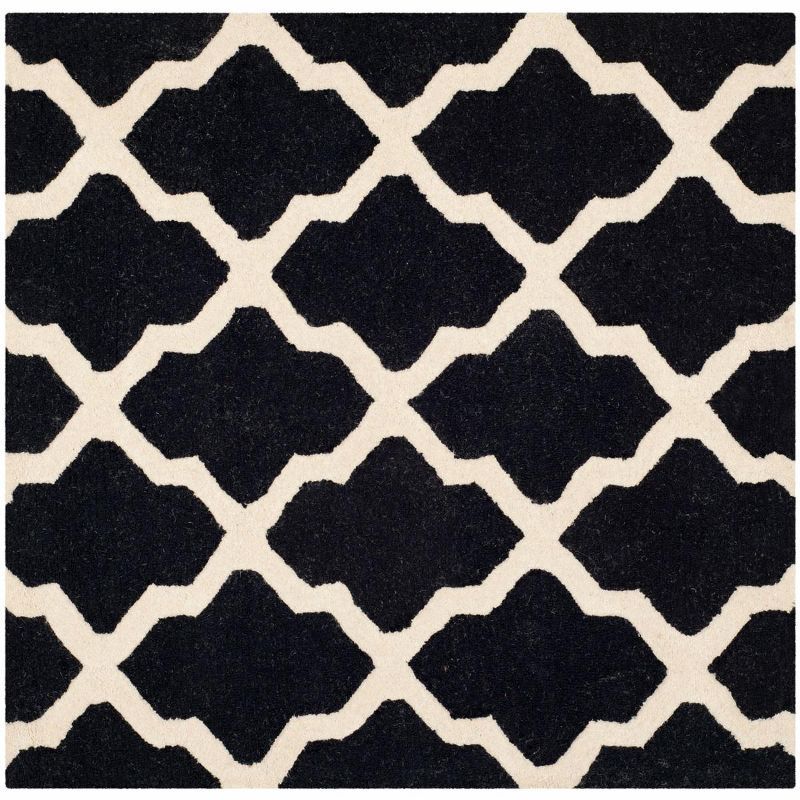 Handmade Black and Ivory Wool Geometric Square Rug