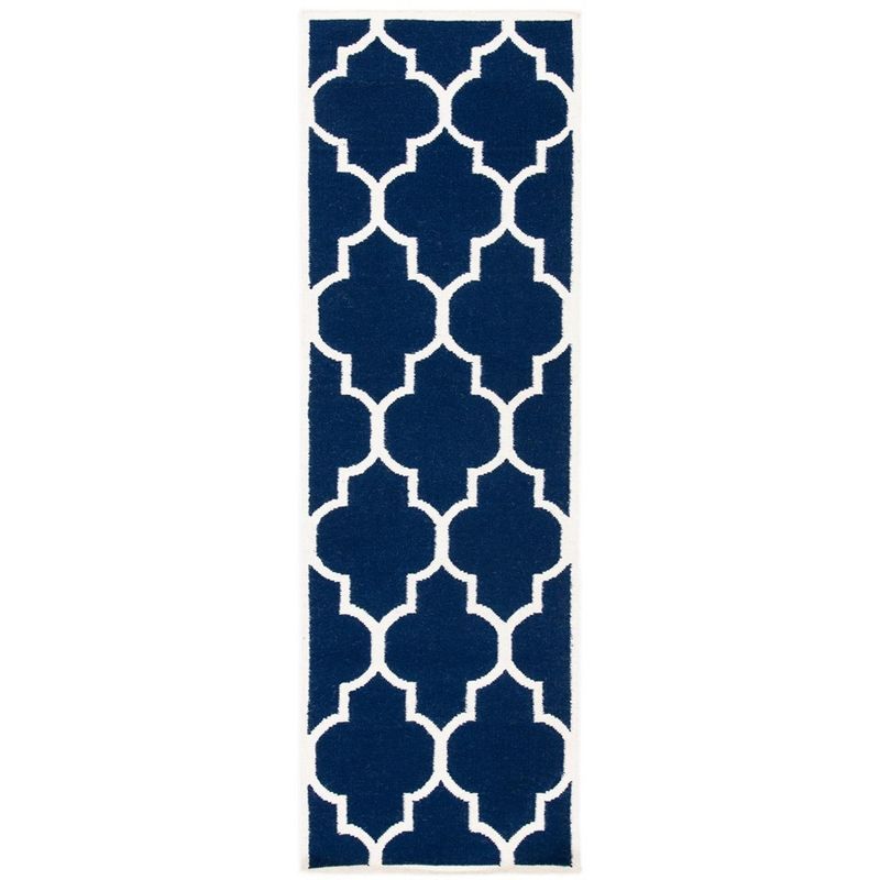 Navy and Ivory Geometric Handwoven Wool Runner Rug