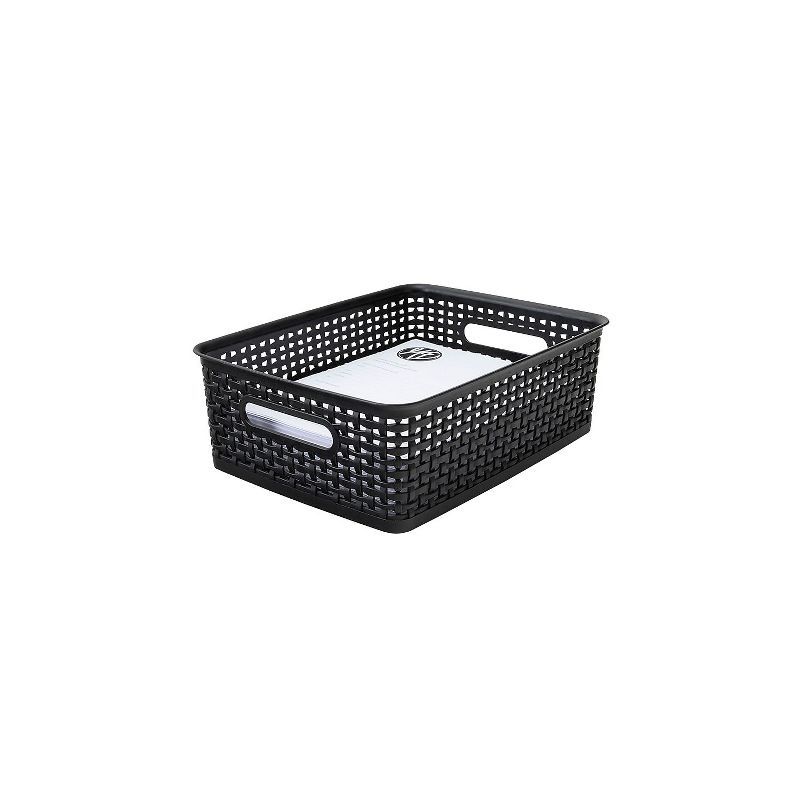 Compact Black Plastic Weave Storage Bin 14"x10.5"