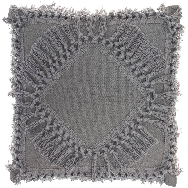 Charcoal Cotton Diamond Fringe 18" Square Throw Pillow