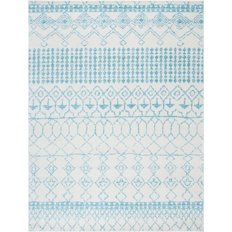 Ivory and Turquoise Moroccan Geometric 8' x 10' Area Rug