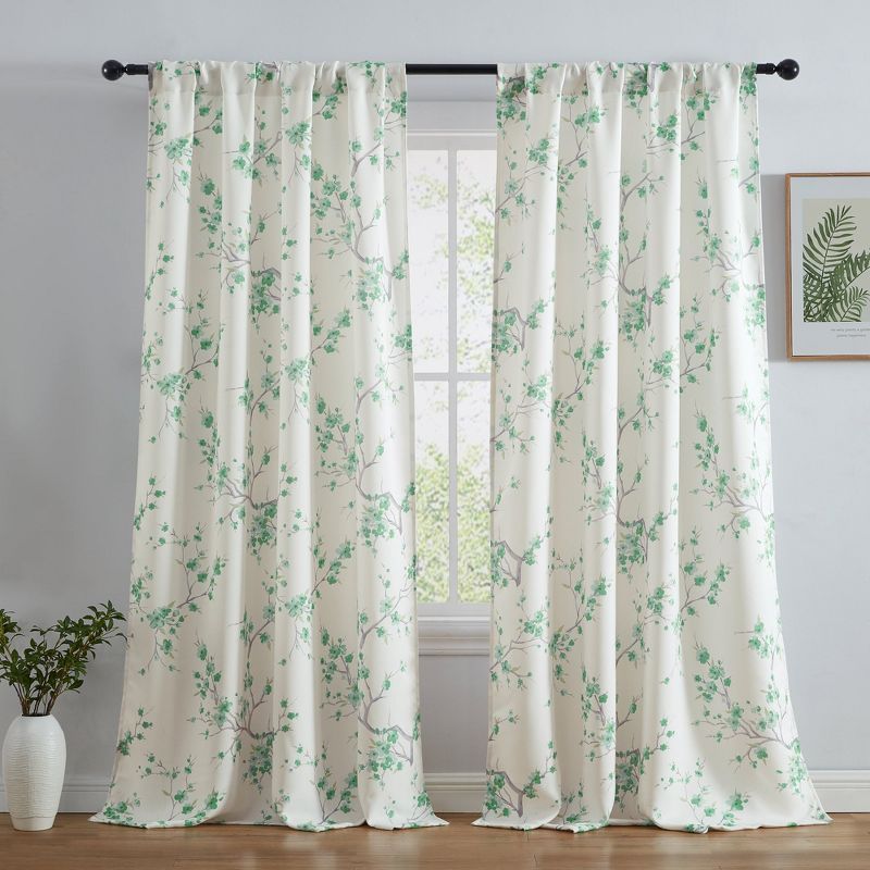 Seafoam Green Floral Blackout Faux Silk Curtain Panels, 52 x 84 in