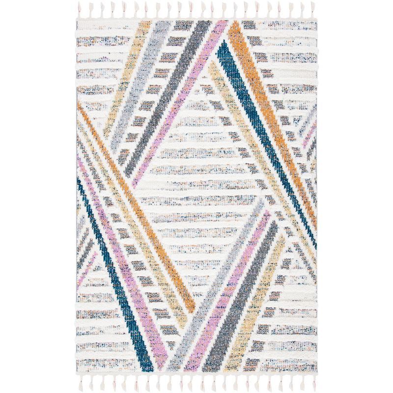 Ivory and Grey Geometric Fringe Shag Area Rug 8' x 10'