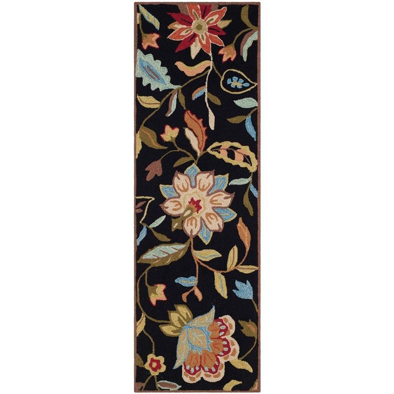 Handmade Black Floral Synthetic Runner Rug 2'3" x 6'