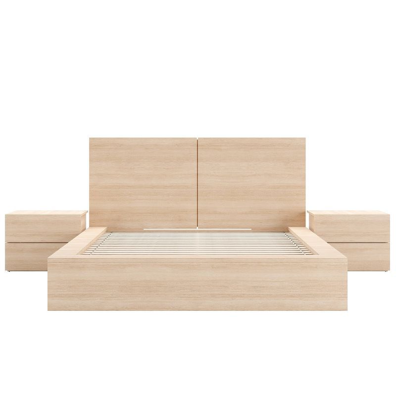 Light Brown Wood Queen Platform Bed with Nightstands