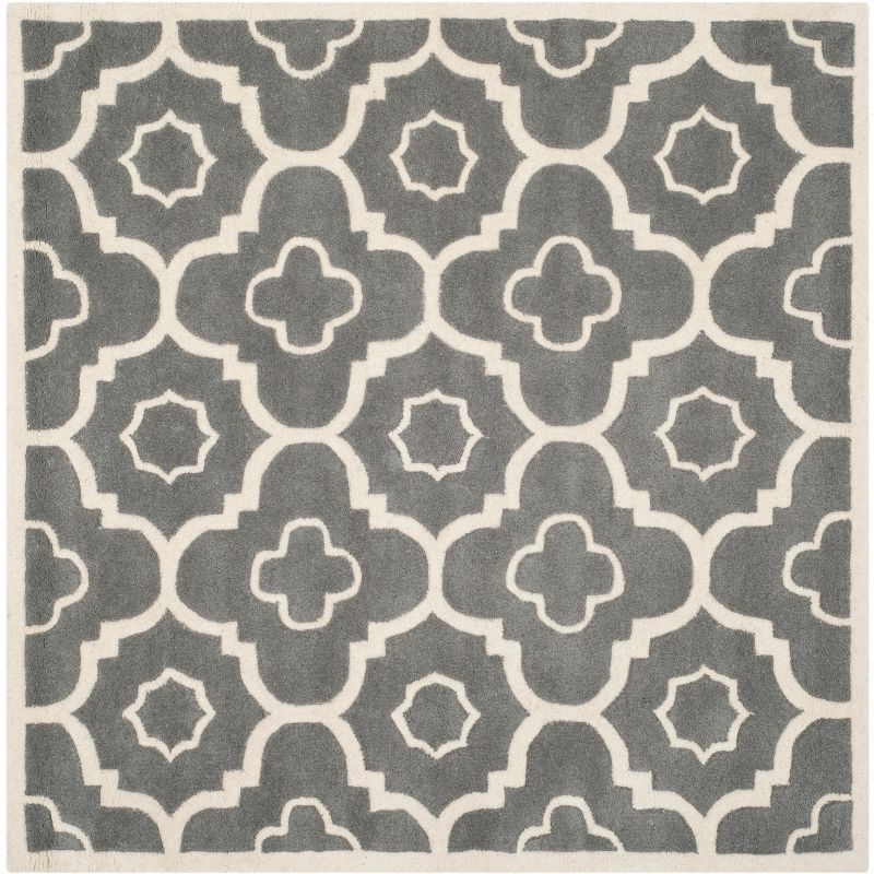 Ivory and Dark Grey Hand-Tufted Wool Square Rug