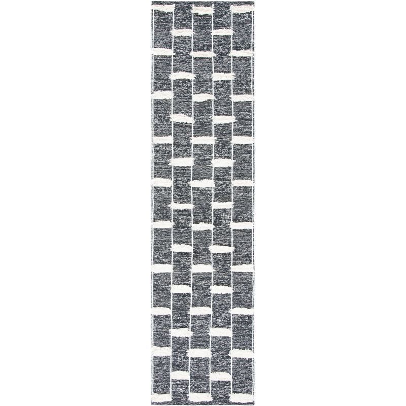 Black and White Striped Wool Cotton Kilim Runner Rug