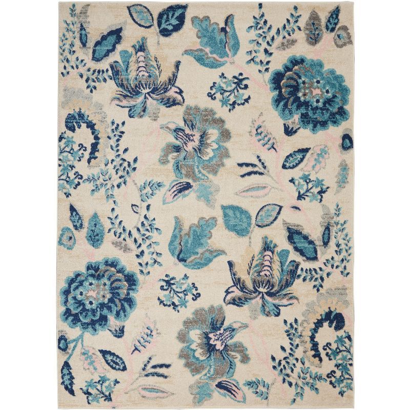 Elegant Ivory & Light Blue Floral Synthetic 6' x 9' Area Rug