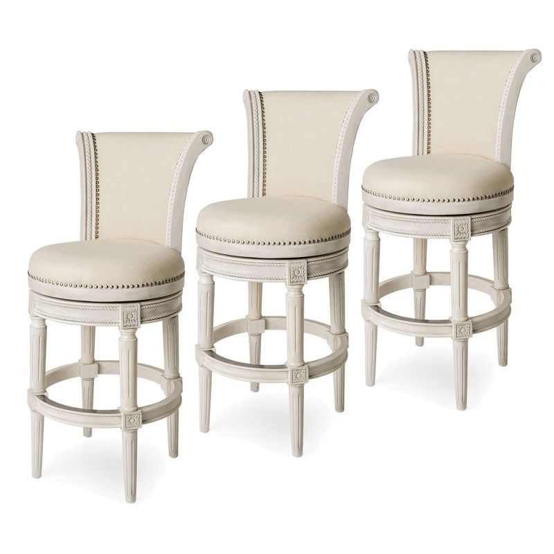 White Oak Swivel Upholstered Bar Stools with Nailhead Trim, Set of 3