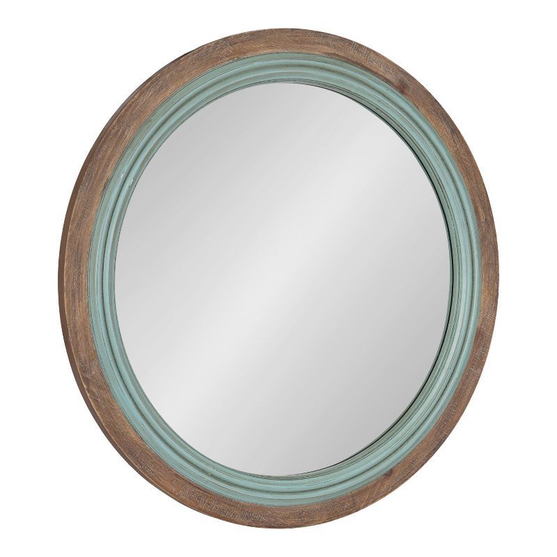 Rustic Blue and Brown Round Wood Bathroom Vanity Mirror