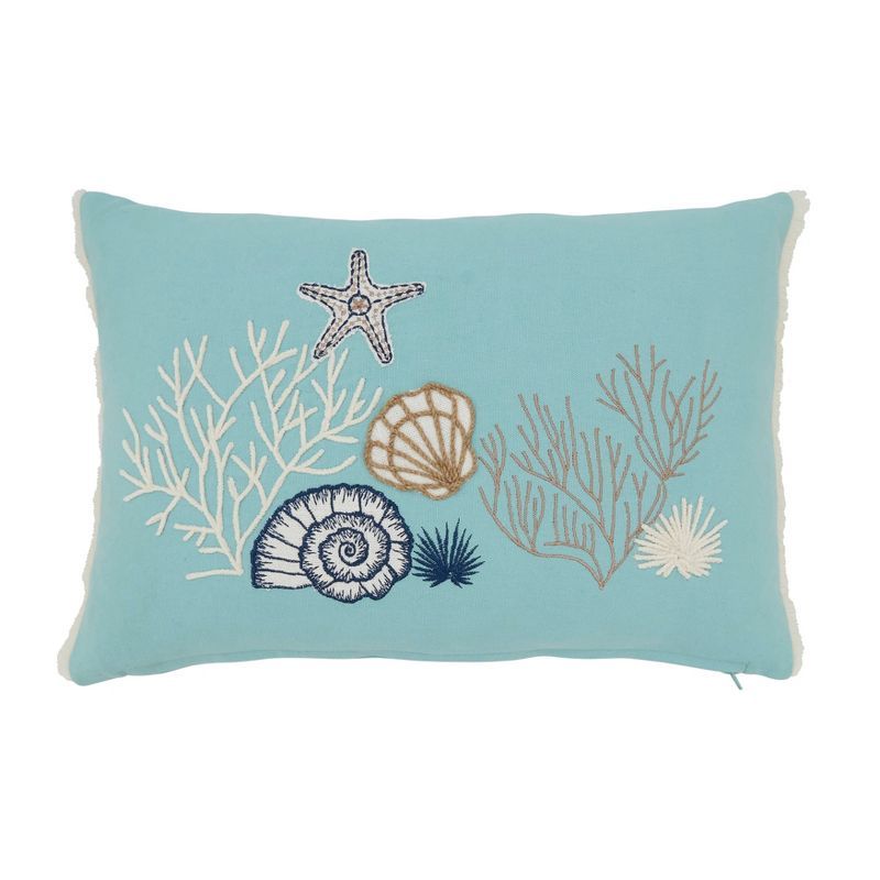 Blue Cotton Seashell Embroidered Throw Pillow Cover 12"x18"