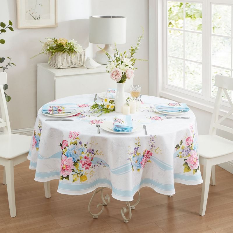70" Round White and Blue Floral Polyester Tablecloth