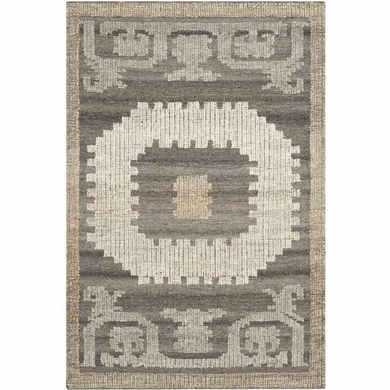 Ivory and Brown Hand-Knotted Geometric Wool Area Rug, 4' x 6'