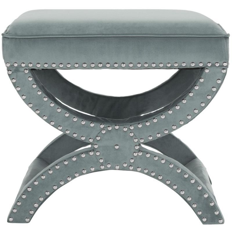 Mystic Blue Velvet Box Ottoman with Nailhead Detailing