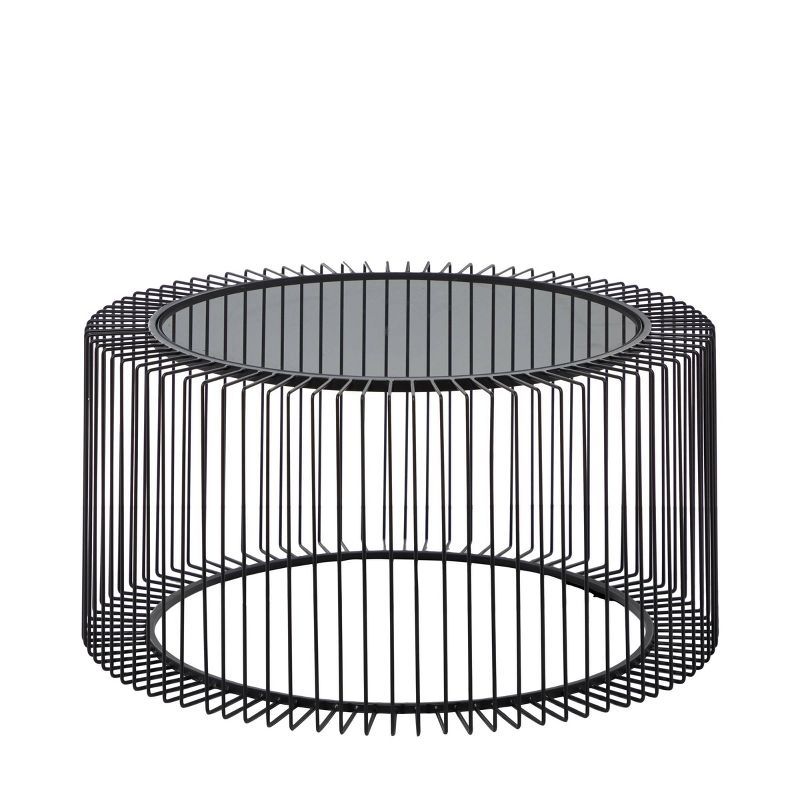 Modern Black Open Wire Frame 32" Round Glass Coffee Table