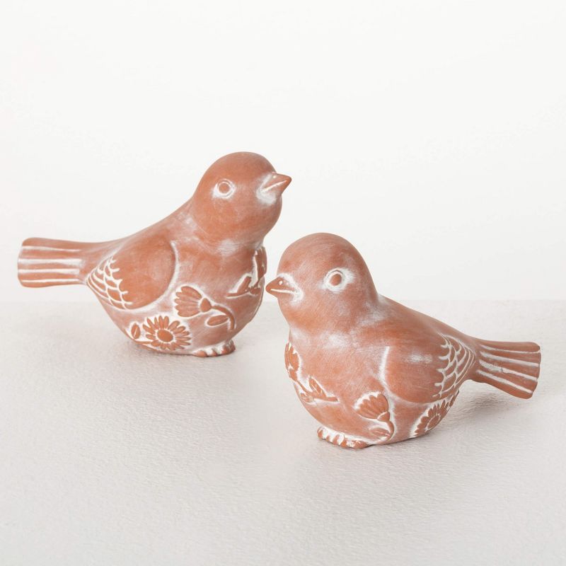 Whitewashed Terracotta Spring Bird Figurine Set