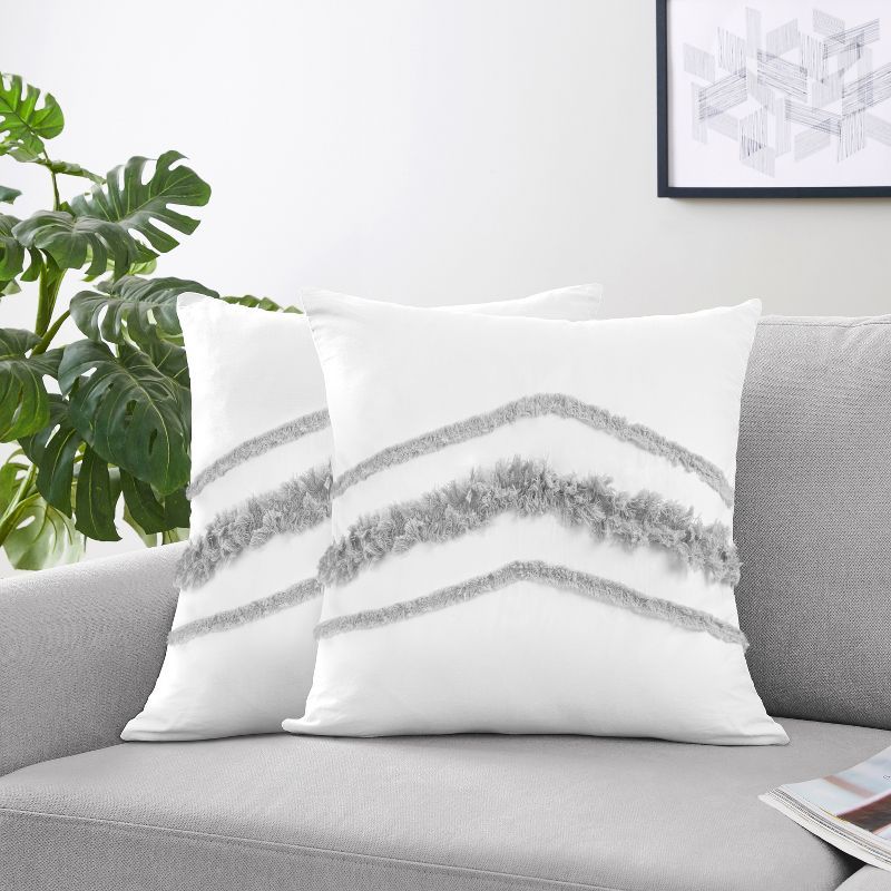 White and Grey Boho Fringe Cotton Throw Pillow Covers, 18x18, Set of 2