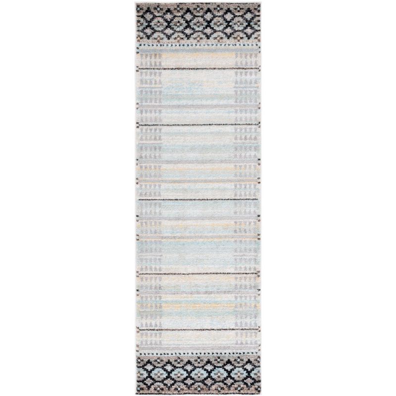 Blue and Ivory Geometric Pattern Runner Rug 2'6" x 8'