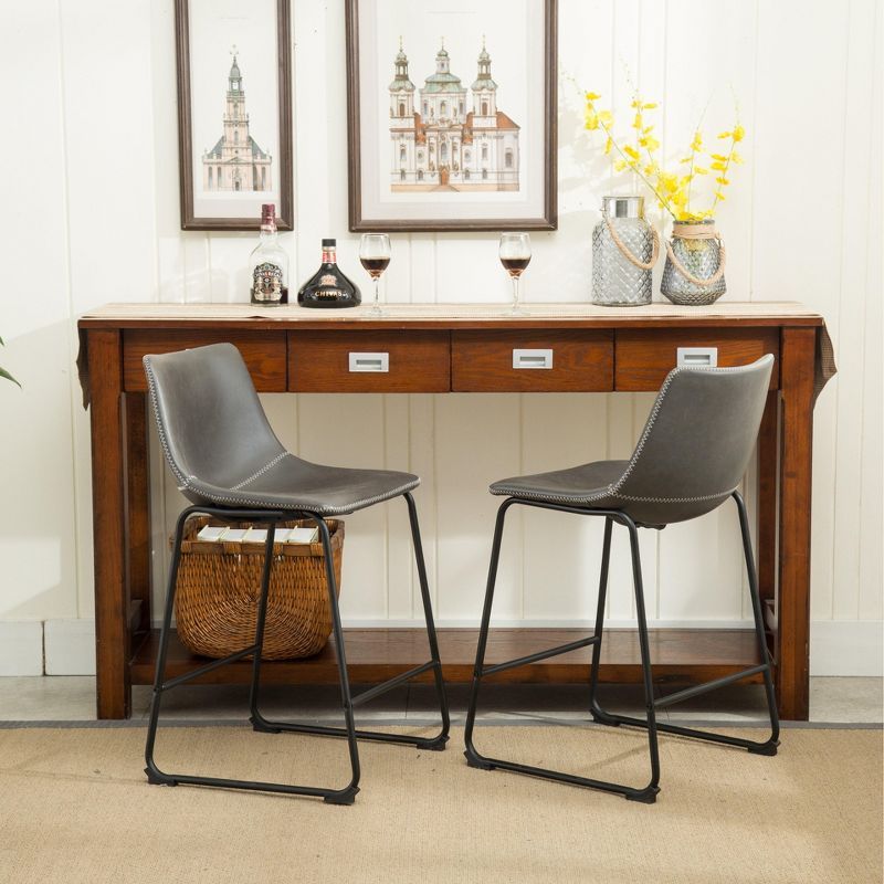 Vintage Gray Faux Leather Counter Height Stools with Black Iron Frame, Set of 2
