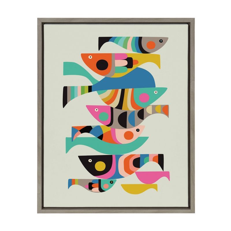 Colorful Abstract Fish Canvas Wall Art in Gray Frame