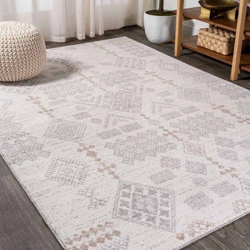 Modern Moroccan-Inspired Beige and Gray Geometric Synthetic Area Rug 3x5
