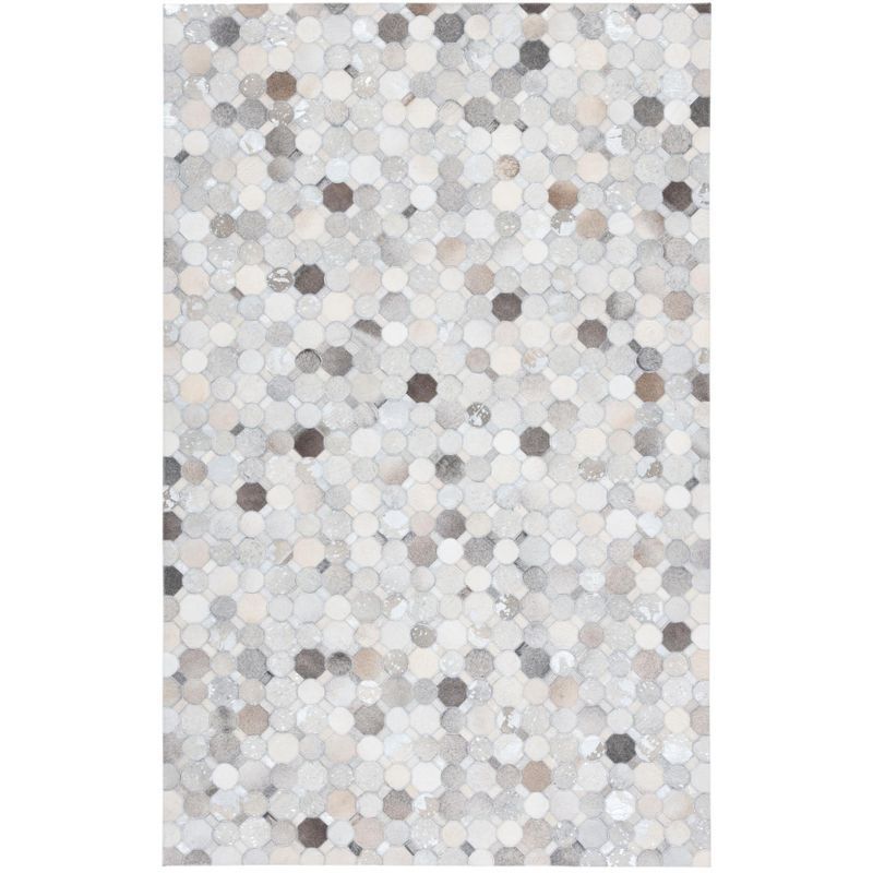 Gray and Ivory Geometric Cowhide 8' x 10' Handmade Rug